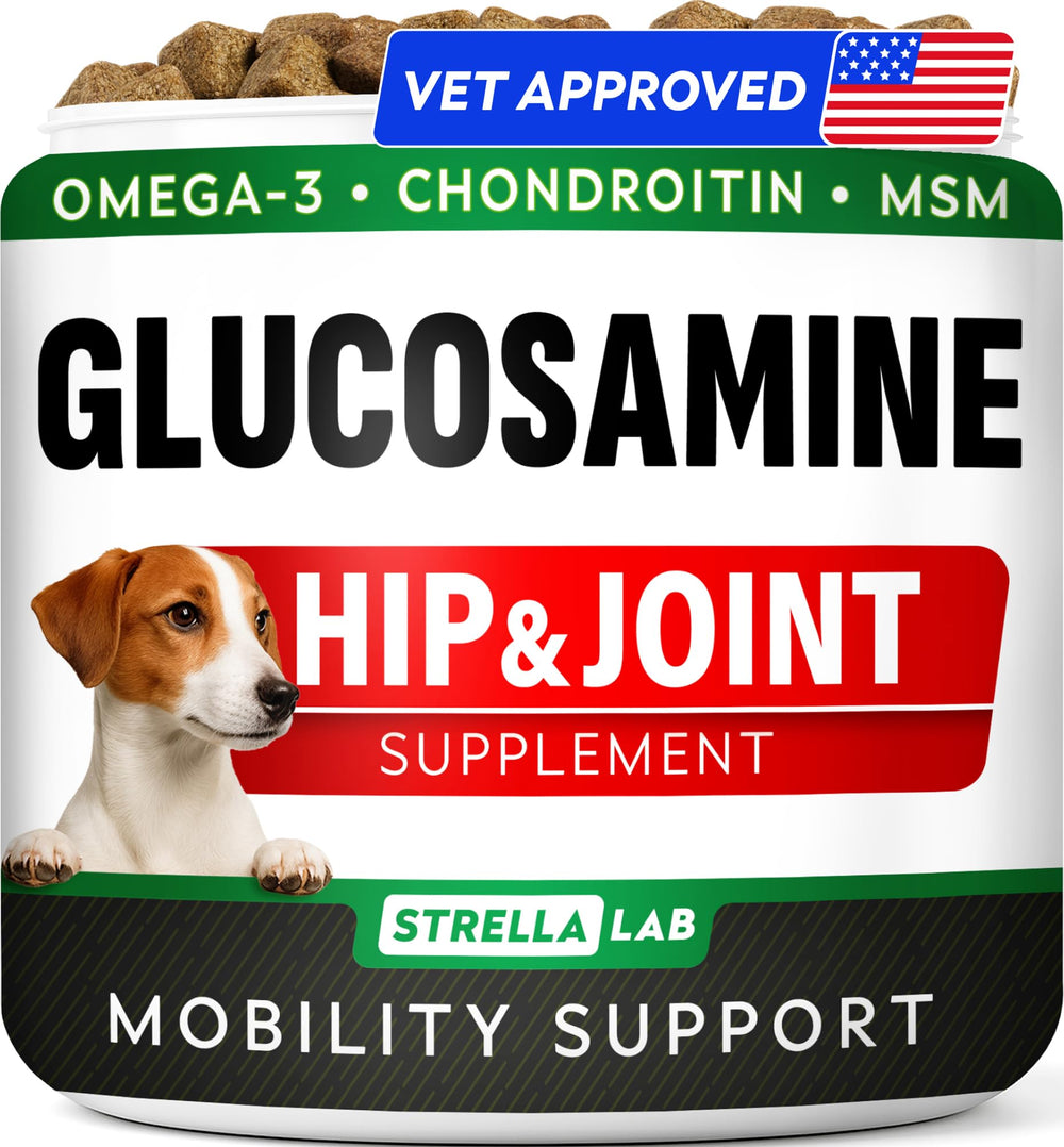 STRELLALAB Glucosamine dog treats packaging highlights joint support for daily activity.