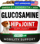 STRELLALAB Glucosamine dog treats packaging highlights joint support for daily activity.