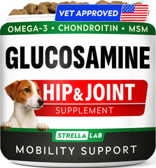 STRELLALAB Glucosamine dog treats packaging highlights joint support for daily activity.