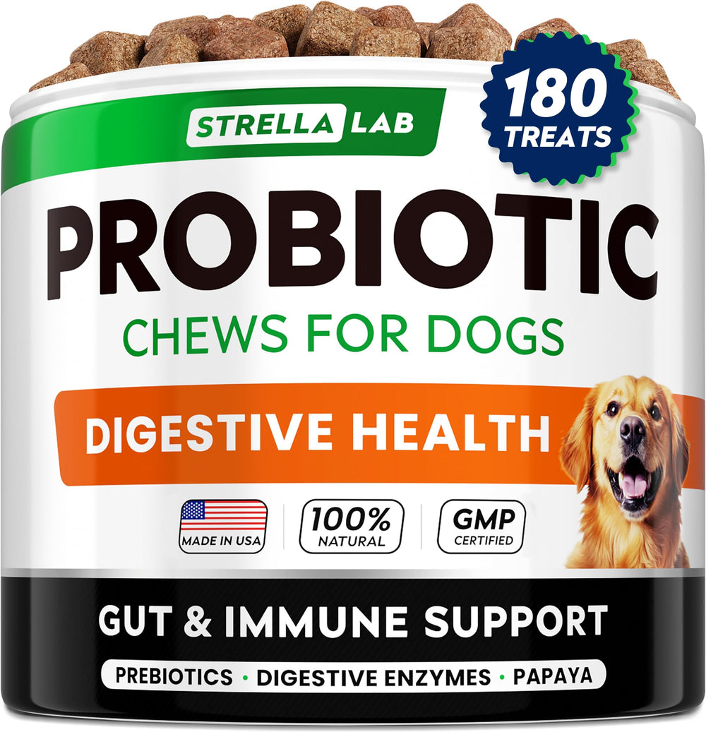 STRELLALAB Dog Probiotics Chews bottle label highlighting bacon flavor and gut support