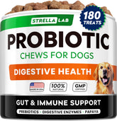 STRELLALAB Dog Probiotics Chews bottle label highlighting bacon flavor and gut support