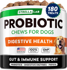 STRELLALAB Dog Probiotics Chews bottle label highlighting bacon flavor and gut support