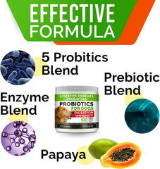 STRELLALAB Dog Probiotics Chews ingredients panel shows fiber and enzymes for digestion help.