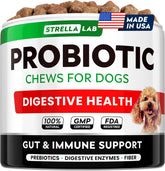 STRELLALAB Dog Probiotics Chews jar-front highlighting digestive support for dogs