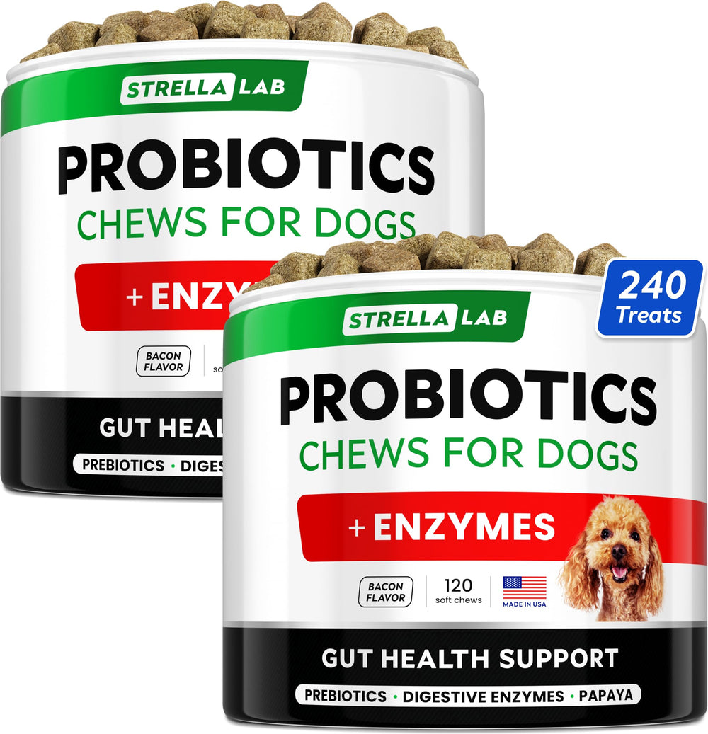 StrellaLab Dog Probiotics Treats packaging display for easy feeding
