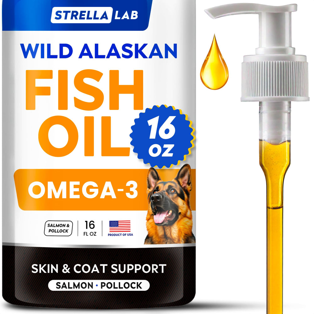 STRELLALAB Fish Oil bottle for dogs and cats promotes a glossy coat.