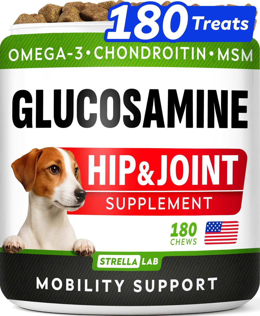STRELLALAB glucosamine dog chews bottle front showing packaging and mobility support