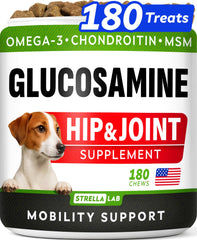 STRELLALAB glucosamine dog chews bottle front showing packaging and mobility support