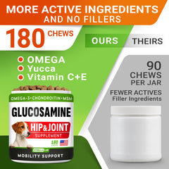 STRELLALAB glucosamine dog treats bottle label, premium hip and joint care.