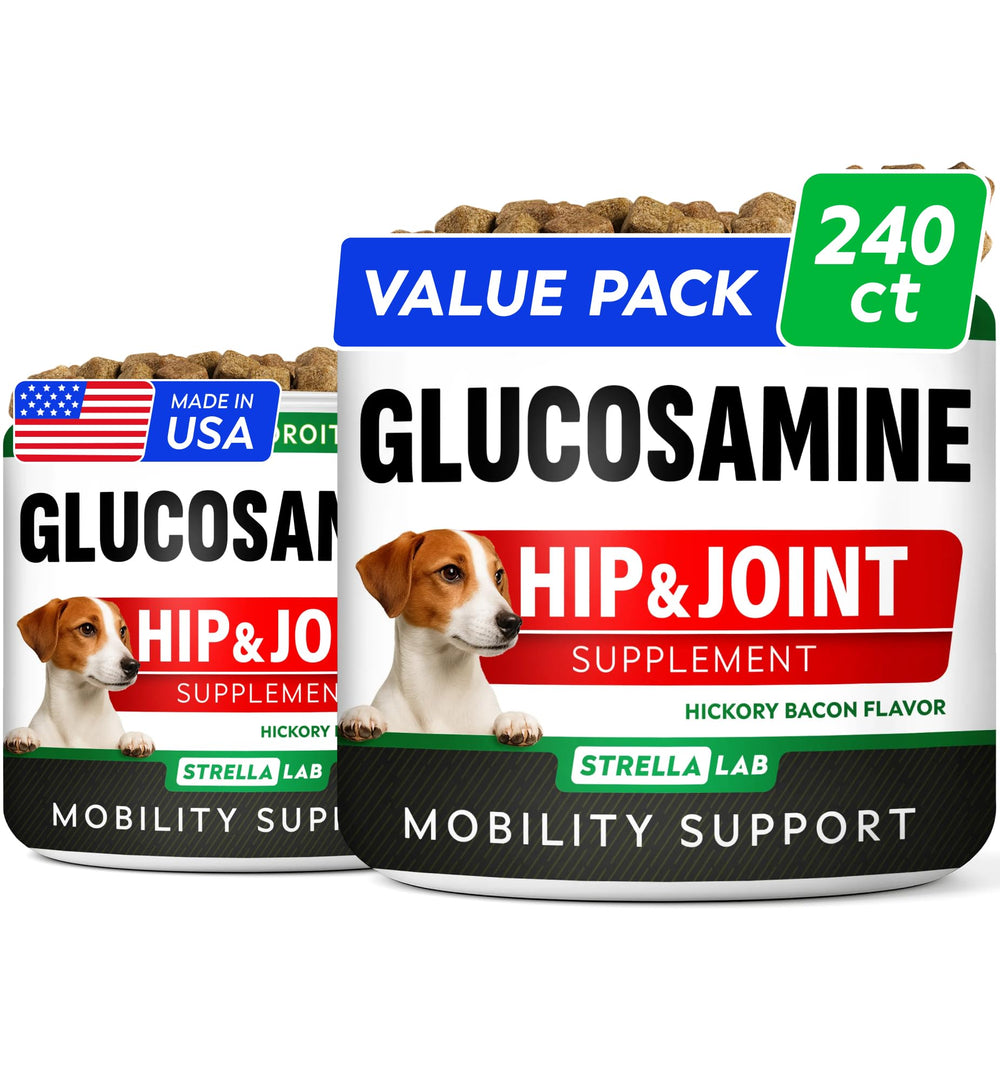STRELLALAB glucosamine for dogs bottle with easy daily joint support chews.