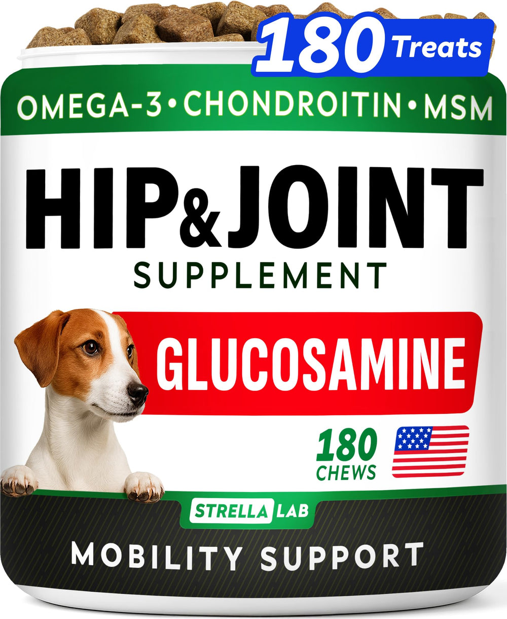 STRELLALAB glucosamine for dogs bottleātasty chews supporting joint comfort and mobility.
