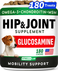 STRELLALAB glucosamine for dogs bottleātasty chews supporting joint comfort and mobility.