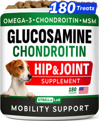 STRELLALAB glucosamine for dogs bottle showing tasty chews for joint support