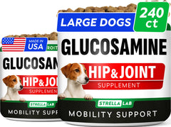 Strellalab glucosamine dogs chews bottle shows convenient joint support for daily mobility.