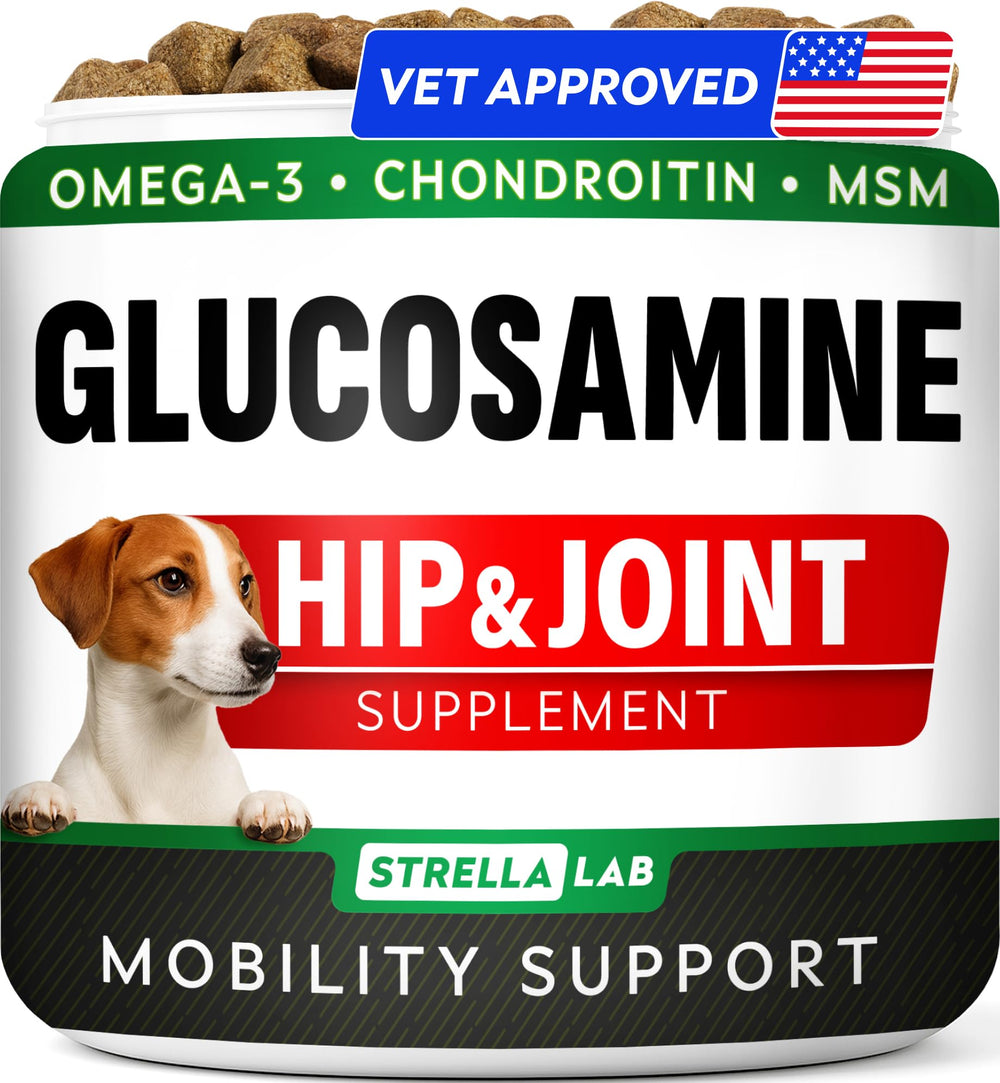 STRELLALAB glucosamine dog chews packaging highlights joint support.