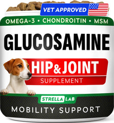 STRELLALAB glucosamine dog chews packaging highlights joint support.