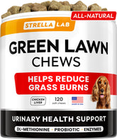 STRELLALAB Green Grass Chews packaging promotes lawn burn prevention and easy pet care.
