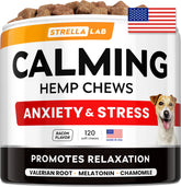 STRELLALAB hemp calming chews bottle front promotes calm moments for dogs.