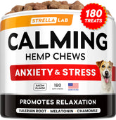 STRELLALAB Hemp Calming Chews bottle with treats promotes calming support during stressful events.
