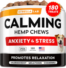 STRELLALAB Hemp Calming Chews bottle with treats promotes calming support during stressful events.