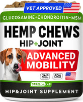 STRELLALAB Hemp Chews for Dogs bottle showing hip and joint support benefits