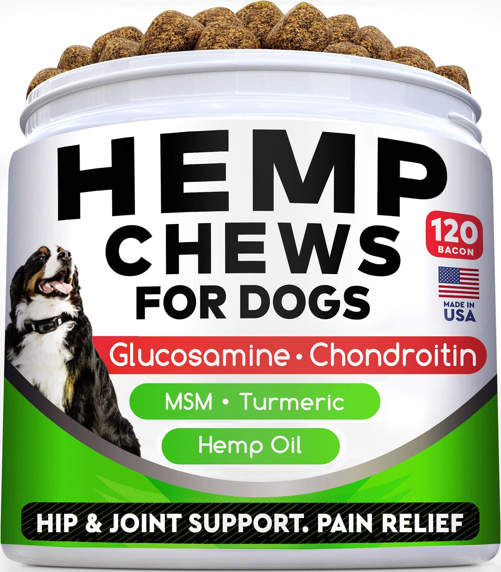 STRELLALAB hemp chews for dogs jar close up highlighting bacon flavor for joint support