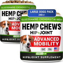 STRELLALAB large breed hip joint chews bottle on counter for daily mobility support