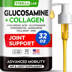 STRELLALAB liquid glucosamine bottle supports dog's joint health and mobility