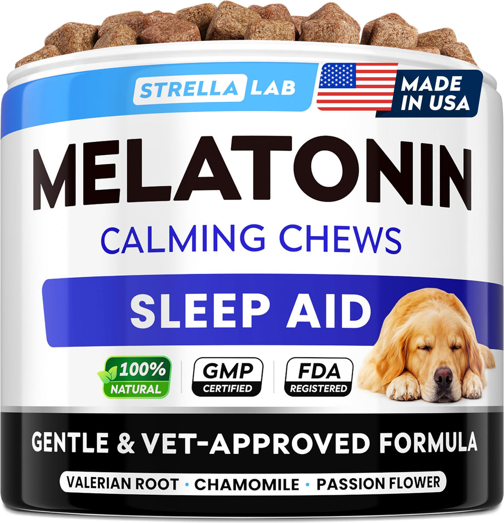 STRELLALAB melatonin dog treats 6mg promote calm at bedtime.
