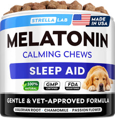 STRELLALAB melatonin dog treats 6mg promote calm at bedtime.