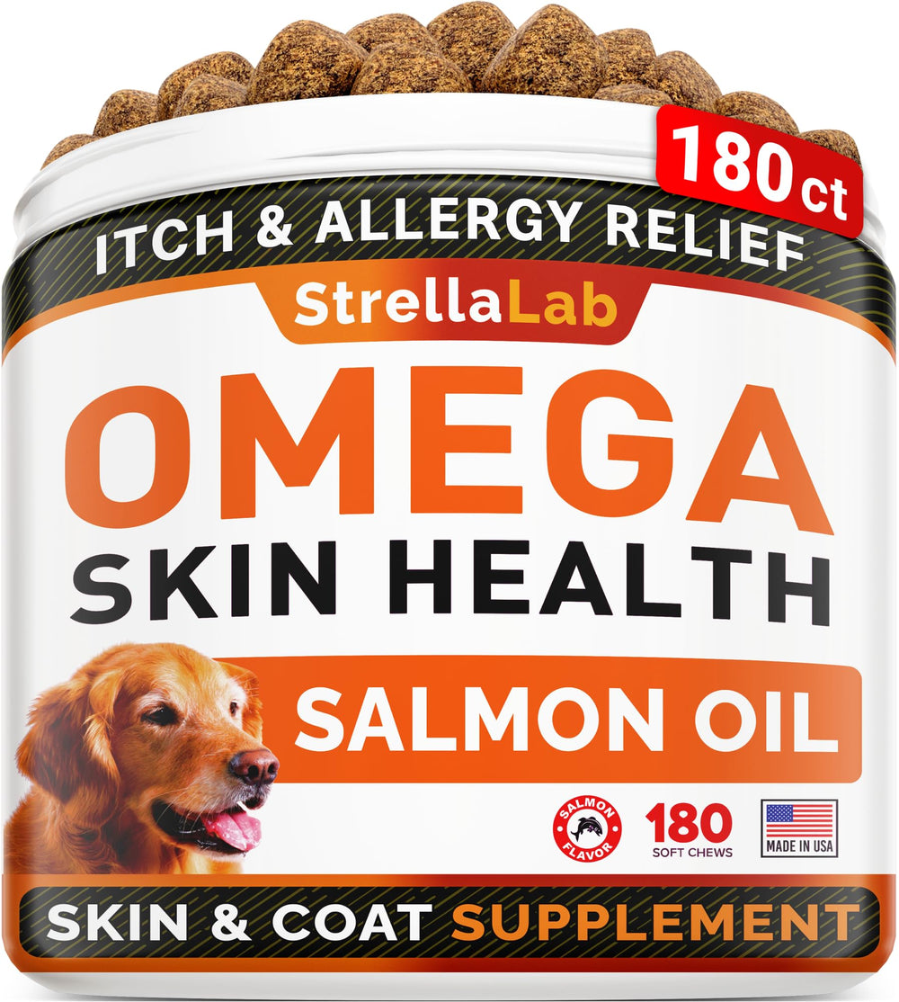StrellaLab Omega 3 for Dogs bottle label highlights premium omega nutrition for healthy skin.