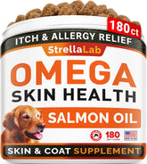 StrellaLab Omega 3 for Dogs bottle label highlights premium omega nutrition for healthy skin.