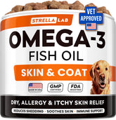 STRELLALAB Omega-3 dog chews bottle showing 180-count jar for easy feeding