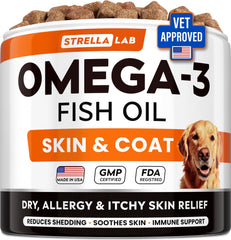 STRELLALAB Omega-3 dog chews bottle showing 180-count jar for easy feeding