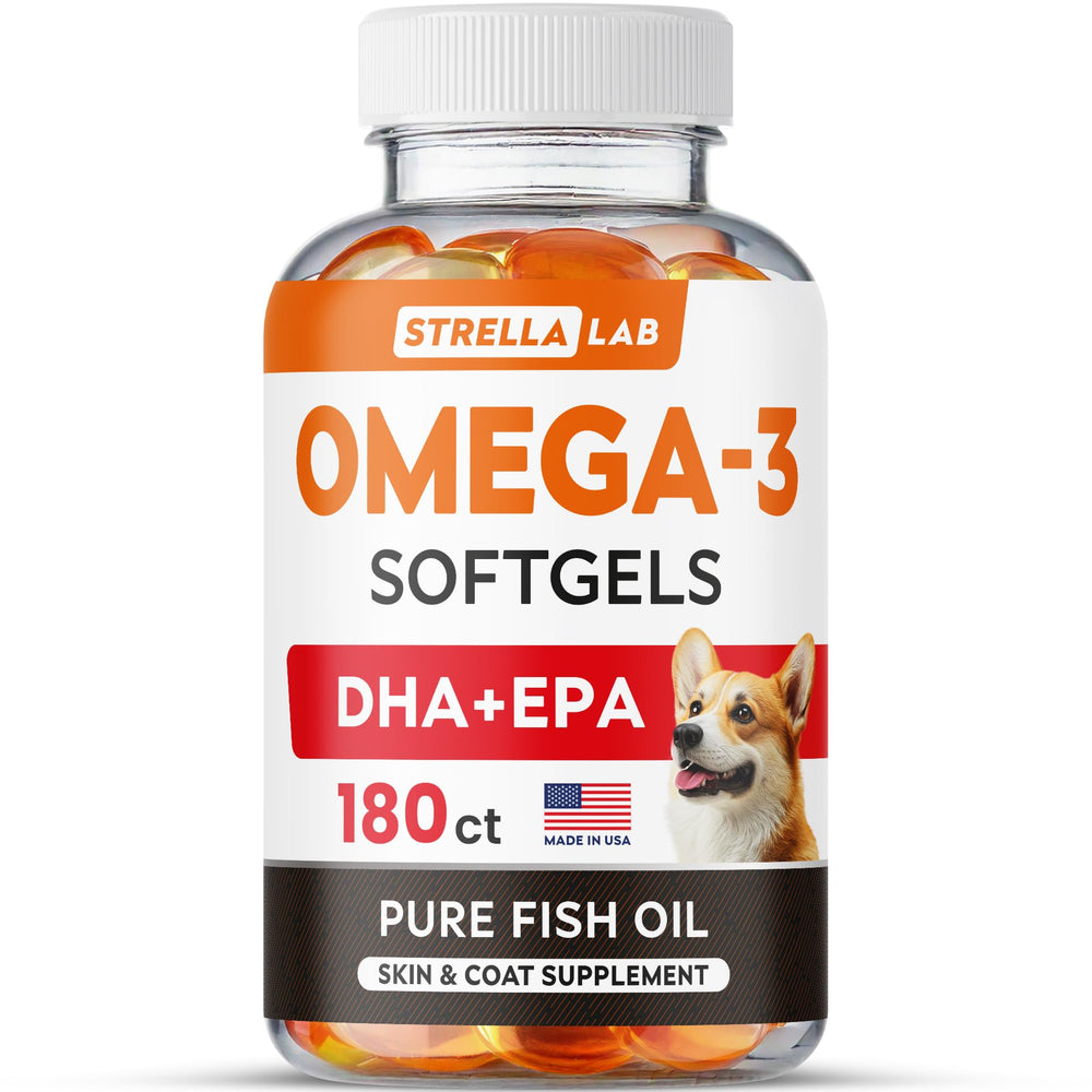 StrellaLab Omega3 dog softgel bottle front with clear labeling and no fishy smell