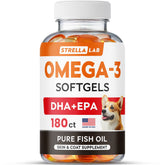 StrellaLab Omega3 dog softgel bottle front with clear labeling and no fishy smell