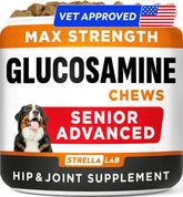 STRELLALAB senior joint supplement bottle label highlights quality for aging dogs' mobility support.