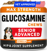 STRELLALAB Senior formula bottle showing dog joint chews for hip mobility.