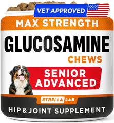STRELLALAB Senior formula bottle showing dog joint chews for hip mobility.