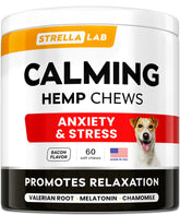 STRELLALAB vet formulated hemp calming chews with bacon flavor for calmer dogs.