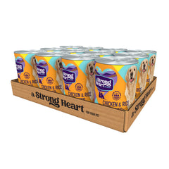 Strongheart chicken and rice wet dog food pack of 12 cans for balanced meals.