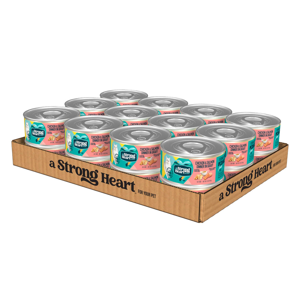 Strongheart can label for chicken and salmon dinner in gravy highlighting premium protein.