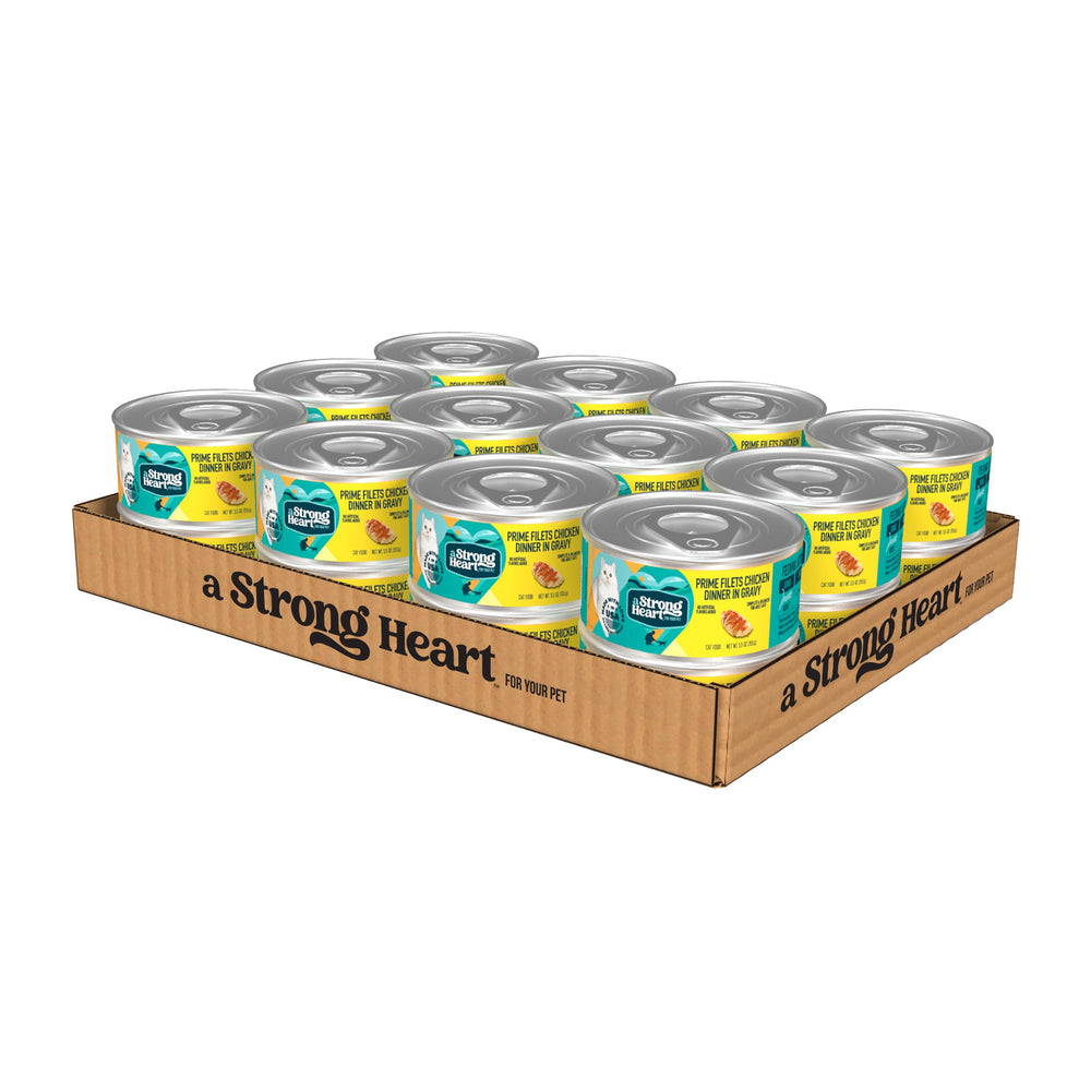 Strongheart Prime Filets Chicken Dinner in Gravy can, featuring real chicken for a hearty meal.