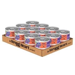 Strongheart t-bone wet dog food can front; premium real beef for muscle-supporting protein.