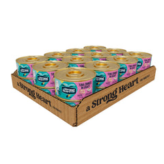 StrongHeart tuna dinner in gravy can closeup shows real tuna protein for cats.