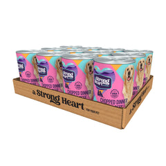 Strongheart wet dog food beef dinner can closeup showing premium protein for meals