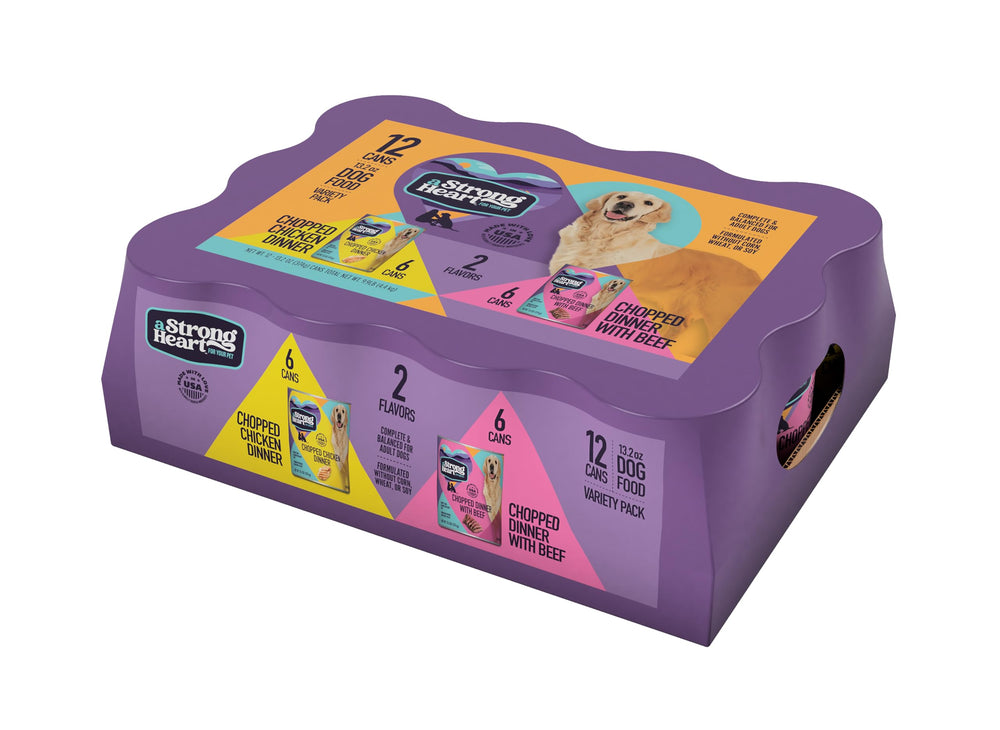 Strongheart wet dog food chicken-beef variety pack cans, ideal for convenient all-in-one meals.