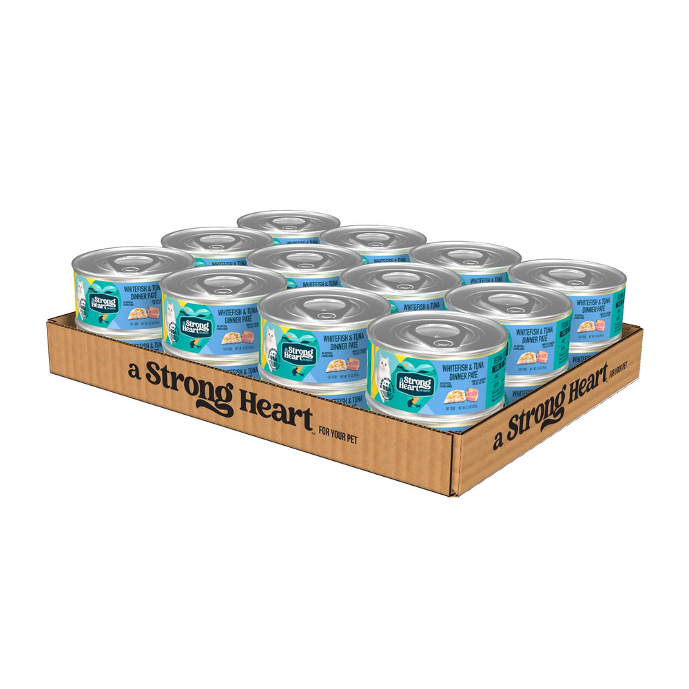 Strongheart whitefish tuna paté can beside a serving bowl, highlighting a protein-rich meal for cats.