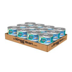 Strongheart whitefish tuna paté can beside a serving bowl, highlighting a protein-rich meal for cats.