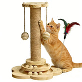 Sudehfei wooden cat scratching post base provides stable play for small to medium cats.